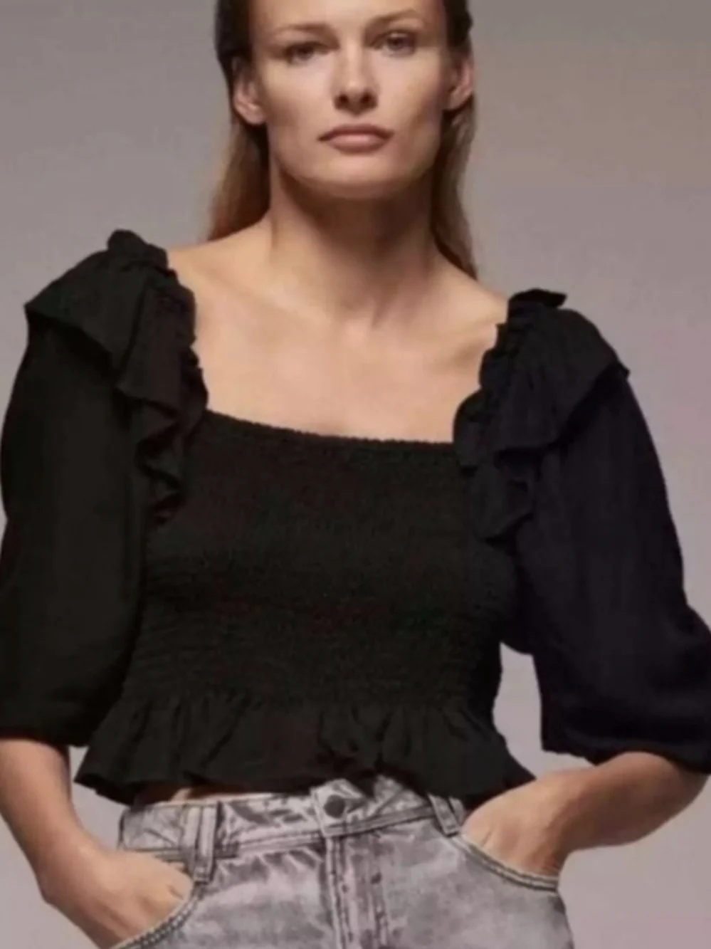 BNWT Zara Smocked Ruffled Puff Sleeve Crop Black Top S Cottagecore Boho Romantic - Picture 2 of 14